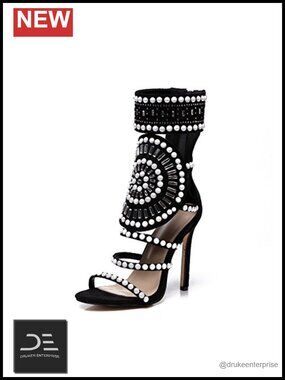 Crystal Studded Strappy High Heel Sandals with Ankle Cuff